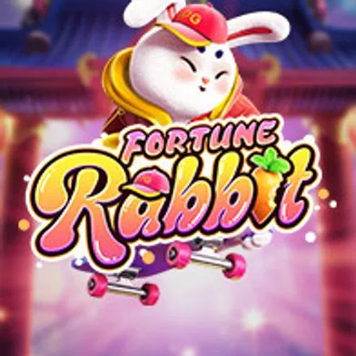 Portada del juego Fortune Rabbit: conejo blanco con gorra roja sobre una patineta, fondo rosa de estilo asiático