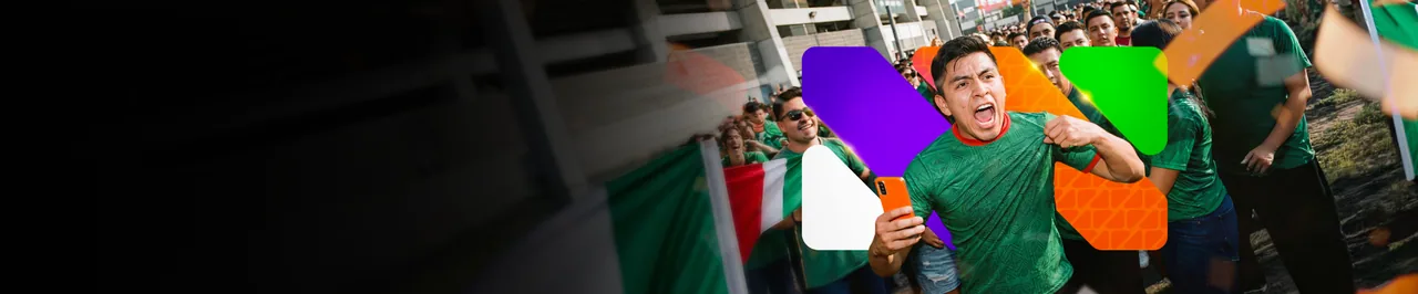 Imagen promocional de Betsson: hincha con camiseta verde y teléfono en la mano entre la multitud a las afueras de un estadio